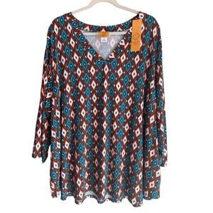 Ruby Rd 4X Stretchy V‑Neck Abstract Boho Top 3/4 Sleeve Plus Size Blouse Summer